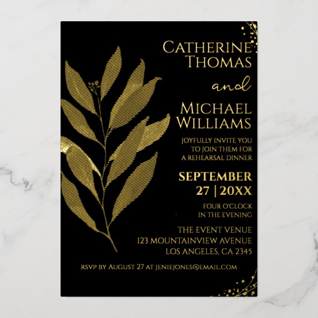 Invitation En Aluminium Dîner de répétition Mariage de la feuille d'or noi (Recto)