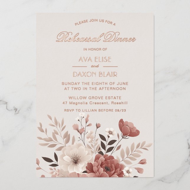 Invitation En Aluminium Dîner Romantique Dusty Rose Floral (Recto)