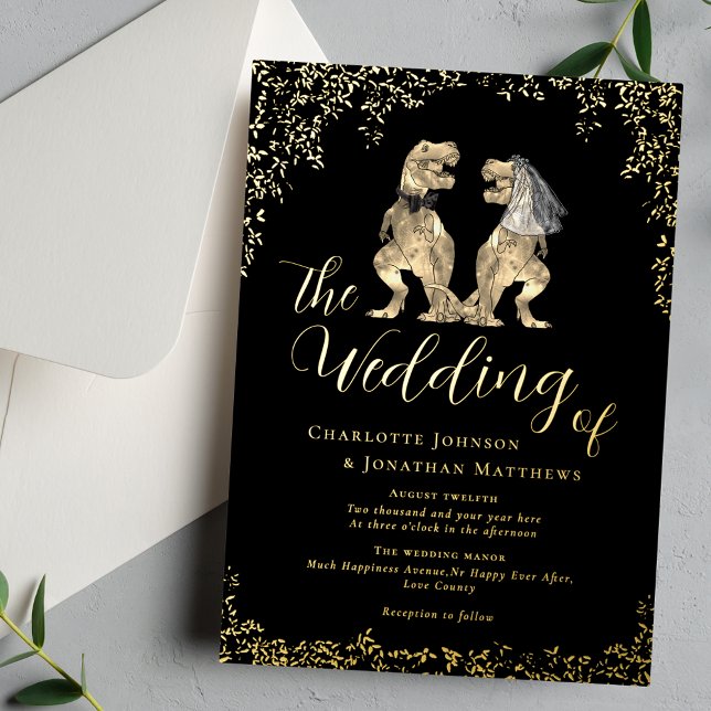 Invitation En Aluminium Dinosaur Bride and Groom Wedding Black and Gold (Elegant Dinosaur theme wedding black and gold foil eucalyptus foliage invitation)