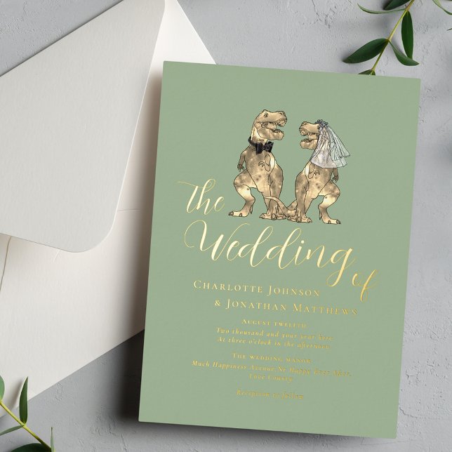 Invitation En Aluminium Dinosaur Thème Mariage Sage Green Gold (Dinosaur theme wedding sage green gold foil invitation Elegant modern script calligraphy T-Rex dino)