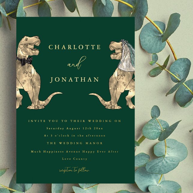 Invitation En Aluminium Dinosaur thème Mariage Vert et Or (Dinosaur theme wedding dark green and gold foil invitation Funny T-Rex dino bride and groom modern)