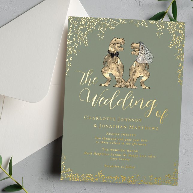 Invitation En Aluminium Dinosaur Wedding Sage Green and Gold (Elegant Dinosaur theme wedding sage green & gold foil eucalyptus foliage invitation T-Rex couple)