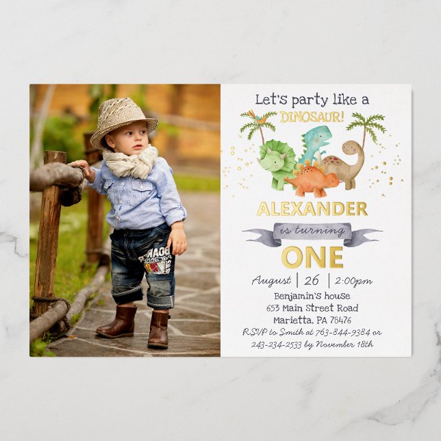 Invitation En Aluminium Dinosaures Jurassic 1er Anniversaire Photo Real Go (Recto)