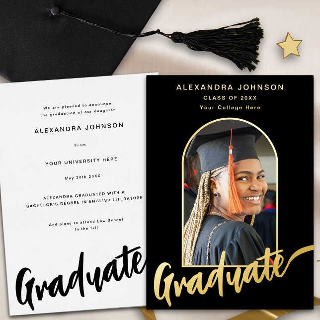 Invitation En Aluminium Diplômé Photo Elegant Arch Script Black Gold (Elegant gold foil script graduate photo arch black Graduation announcement card)