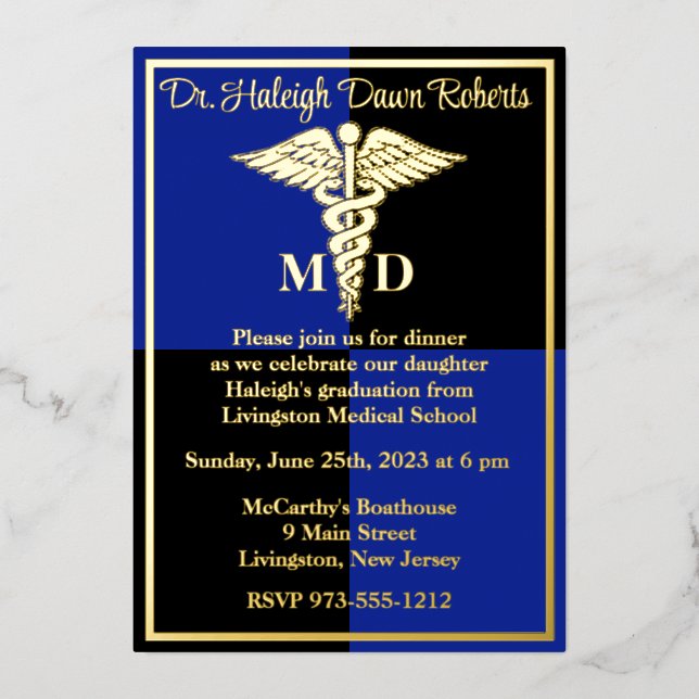 Invitation En Aluminium Diplôme scolaire Médicale de Caduceus, bleu/noir (Recto)