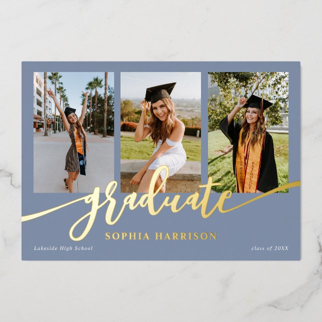 Invitation En Aluminium Diplômé Script 3 Photos Dusty Blue Graduation (Recto)