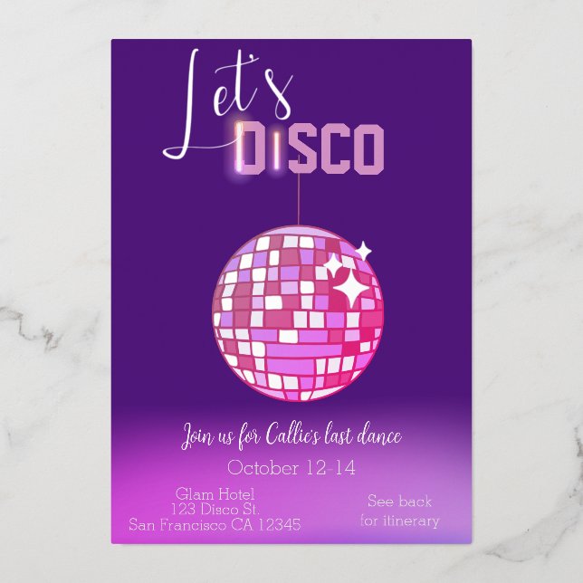 Invitation En Aluminium Disco Neon Bachelorette (Recto)