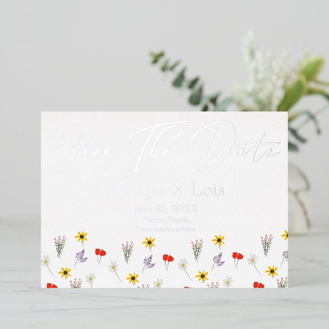 Invitation En Aluminium Ditsy Wild Flower Save the Date Pressé (Debout devant)