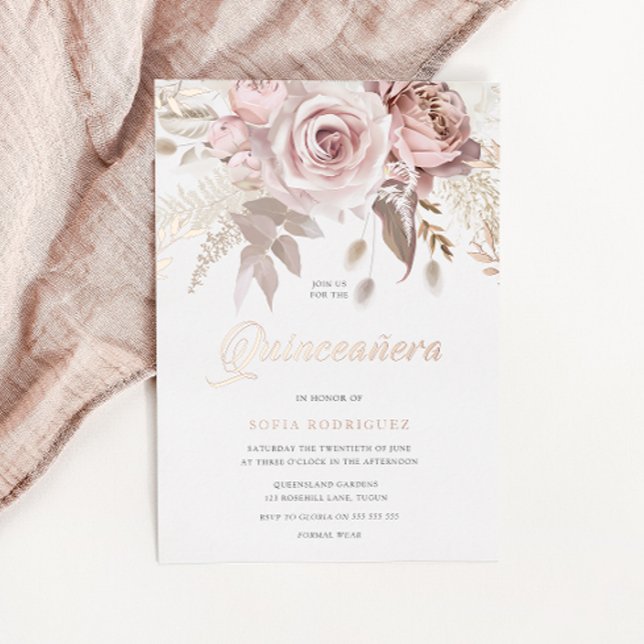 Invitation En Aluminium Divine Rose Or Blush Floral Quinceanera (Créateur téléchargé)
