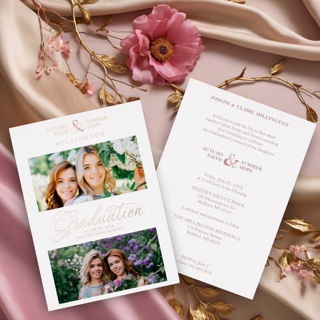 Invitation En Aluminium Double Graduation Chic Rose Gold 2 Photos Modern  (Double Graduation Chic Rose Gold 2 Photos Modern Script Real Metallic Foil Invitation Card.)