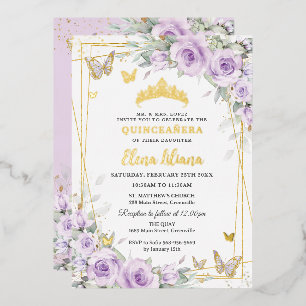 Invitation En Aluminium Douces Roses de Lilas Violet Fleur d'Or Quinceañer