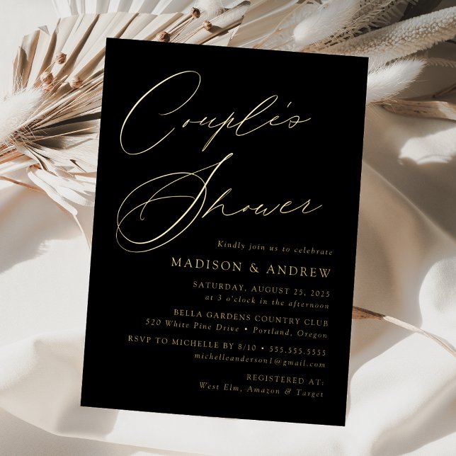 Invitation En Aluminium Douche moderne Elegant Black and Gold Couple (Créateur téléchargé)