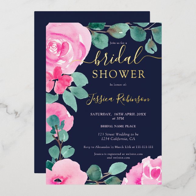 Invitation En Aluminium Douche nuptiale rose or à aquarelle (Recto/Verso)