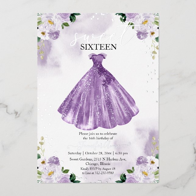 Invitation En Aluminium Doux 16 Fleurs Aquarelles Robe Purple Argent (Recto)