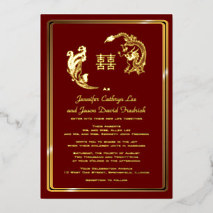 Invitation En Aluminium Dragon Phoenix Double Bonheur Mariage Or 