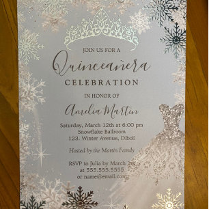 Invitation En Aluminium Dusty Blue Argent Hiver Flocon Quinceanera 