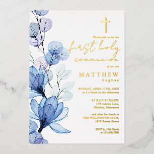 Invitation En Aluminium Dusty Blue Floral First Holy Communion Gold