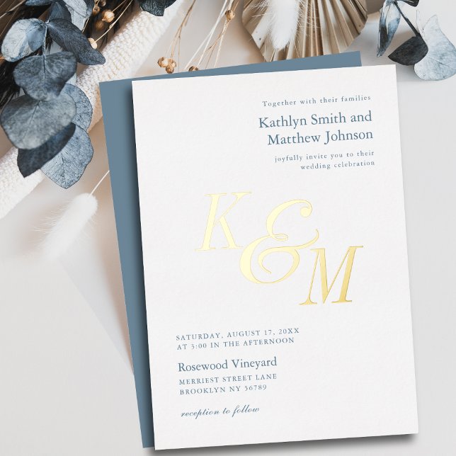 Invitation En Aluminium Dusty Blue Gold Elegant Classic Monogram Mariage (Créateur téléchargé)