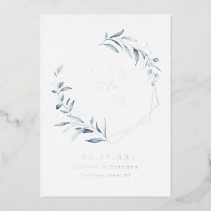 Invitation En Aluminium Dusty Blue Greenery Argent Géométrique Enregistrer