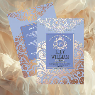 Invitation En Aluminium Dusty Blue RoseGold Classic Monogram Boho Mariage