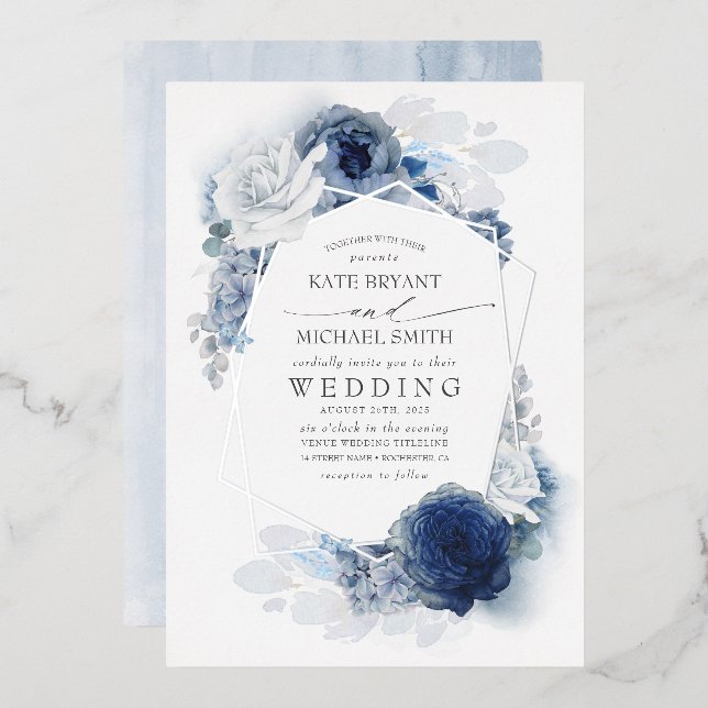 Invitation En Aluminium Dusty Blue Silver Blanc Floral Mariage (Recto/Verso)