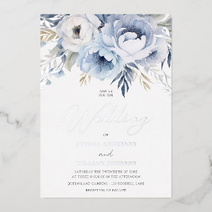 Invitation En Aluminium Dusty Blue & Silver Sparkle Floral Mariage