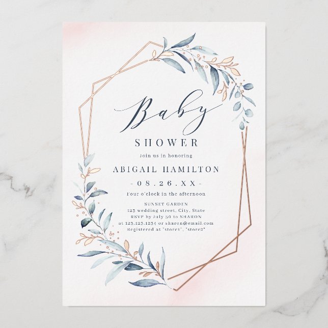Invitation En Aluminium Dusty Greenery Rose Gold Baby shower rustique (Recto)