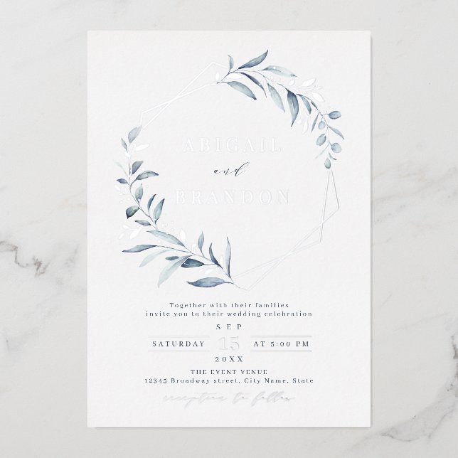 Invitation En Aluminium Dusty Greenery Silver Mariage géométrique Rustique (Recto)