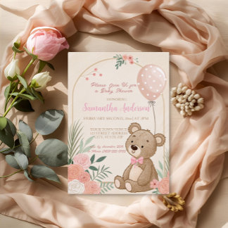 Invitation En Aluminium Dusty rose Boho Teddy Bear Balloon Baby