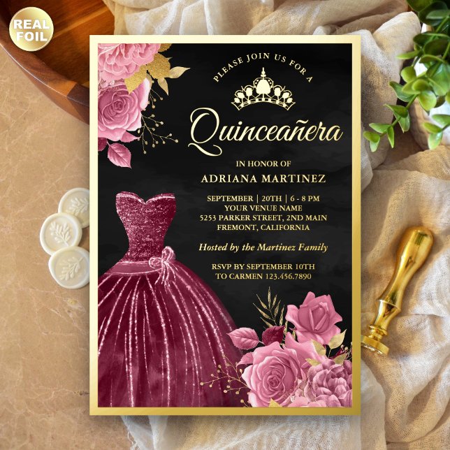 Invitation En Aluminium Dusty rose floral gomme noire Quinceanera or (Créateur téléchargé)