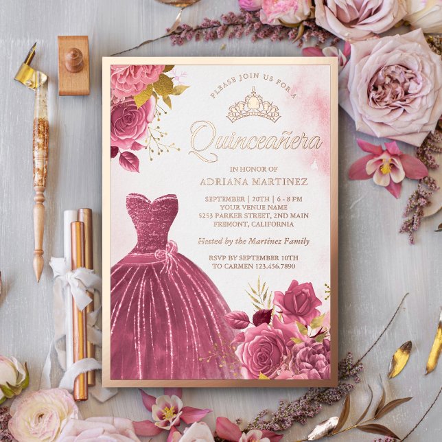 Invitation En Aluminium Dusty rose Floral Gown Quinceanera Rose Gold (Créateur téléchargé)