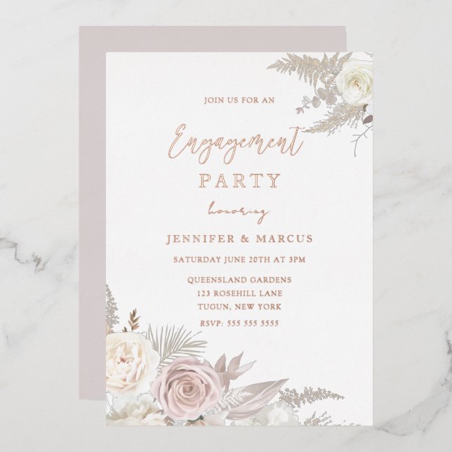 Invitation En Aluminium Dusty Rose & Ivory Floral Gold Engagement Party (Recto/Verso)