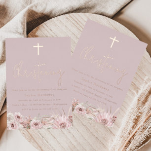 Invitation En Aluminium Dusty Rose Mauve Baby Girls Christening Rose Gold