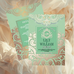 Invitation En Aluminium Dusty Sage Green RoseGold Classic Monogramme Maria