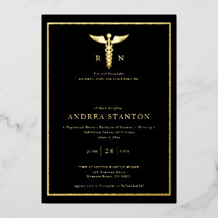 Invitation En Aluminium Ecole d'infirmière diplômée Gold Frame Caduceum No