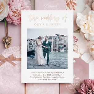 Invitation En Aluminium Écriture décontractée et photo Rose Gold Mariage