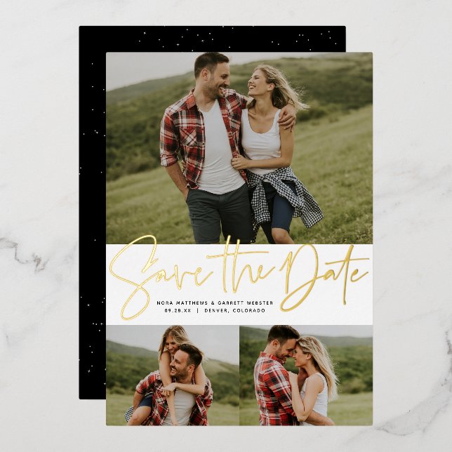 Invitation En Aluminium Écriture moderne trois photo or enregistrer la dat (Recto/Verso)