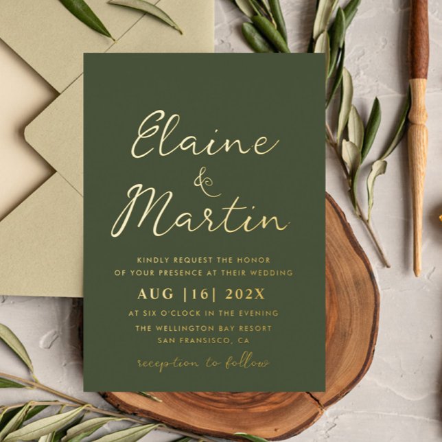 Invitation En Aluminium écriture or vert olive mariage (Créateur téléchargé)