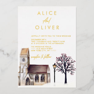 Invitation En Aluminium Église Aquarelle hiver Cérémonie religieuse
