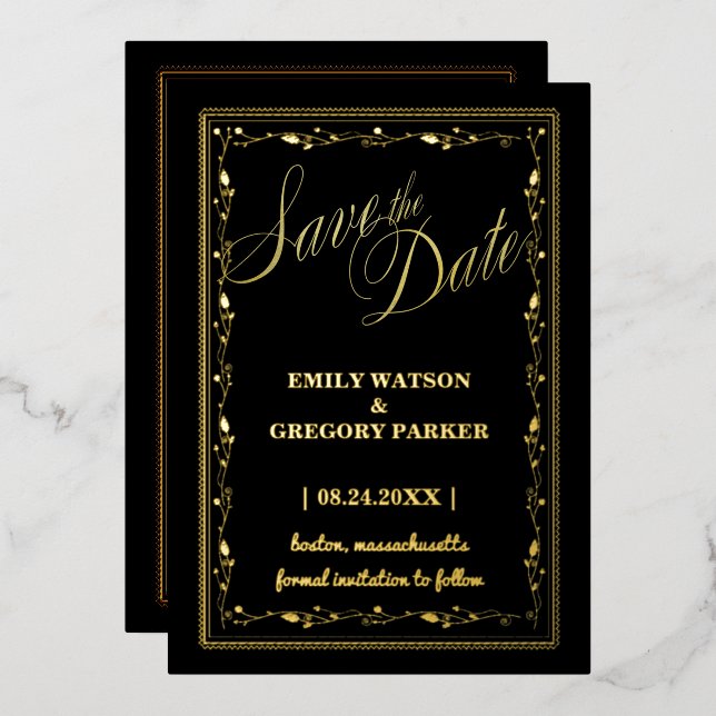 Invitation En Aluminium Élégance noire et dorée, cadre d'art (Recto/Verso)