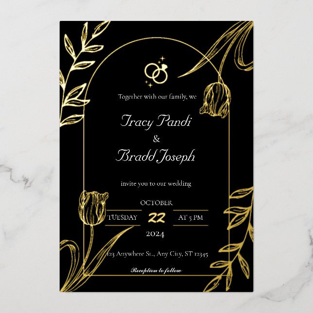 Invitation En Aluminium Élégance opulente : Mariage noir et or (Recto)