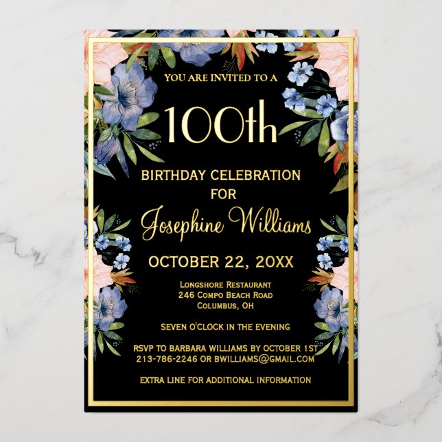 Invitation En Aluminium Elégant 100e anniversaire Black REAL Gold (Recto)