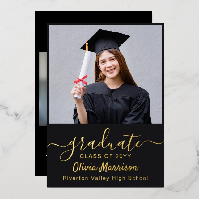 Invitation En Aluminium Elégant 2 Photo Graduation Party Modern Black (Recto/Verso)