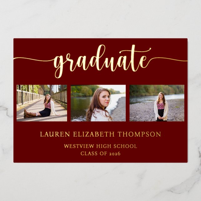Invitation En Aluminium Elégant 3 Photo Graduation Red Gold (Recto)