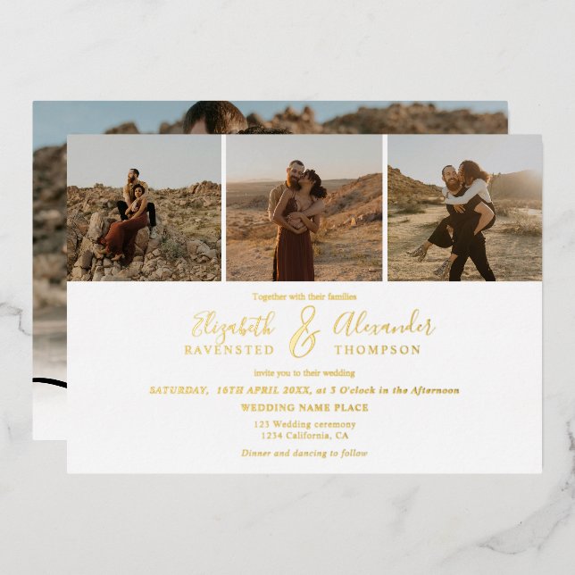 Invitation En Aluminium Elégant 4 Photos script moderne mariage noir blanc (Recto/Verso)