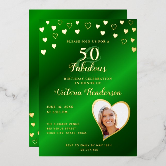 Invitation En Aluminium Elégant 50 & Anniversaire Fabuleux Vert & Or (Recto/Verso)
