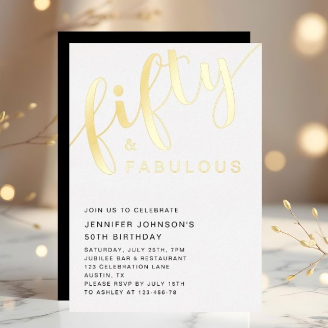Invitation En Aluminium Elégant 50e anniversaire Cinquante et Fabuleux Noi (Elegant 50th Birthday Fifty And Fabulous Black Foil Invitation)