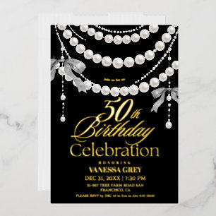Invitation En Aluminium Elégant 50e Anniversaire Noir Or Perles