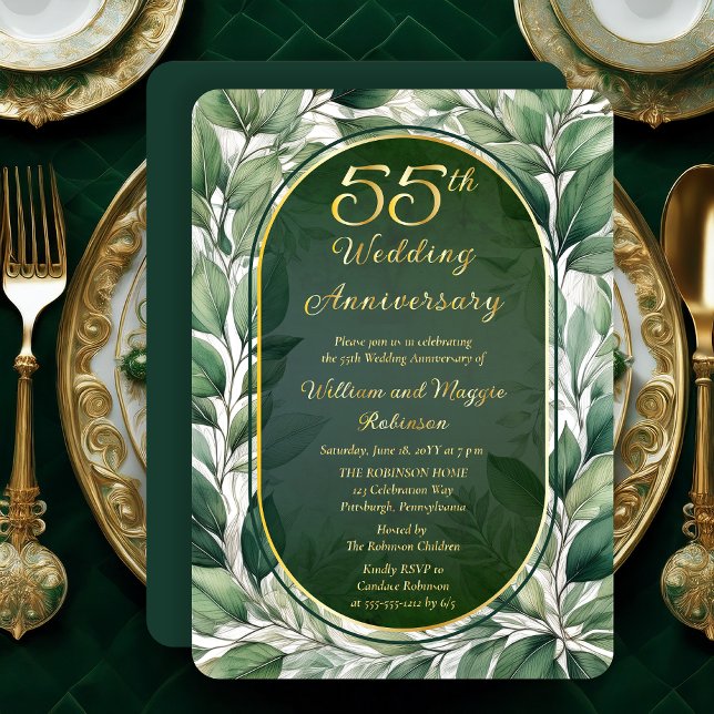 Invitation En Aluminium Élégant 55e anniversaire de Mariage pour les Feuil (Elegant Green Leaves Foliage Frame Luxury 55th Wedding Anniversary Foil Invitation)