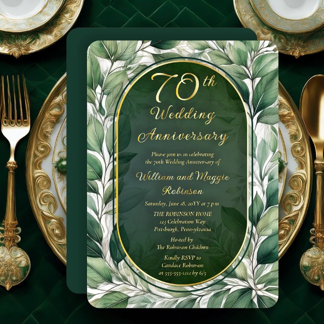 Invitation En Aluminium Élégant 70e anniversaire de Mariage pour les Feuil (Elegant Green Leaves Foliage Frame Luxury 70th Wedding Anniversary Foil Invitation)